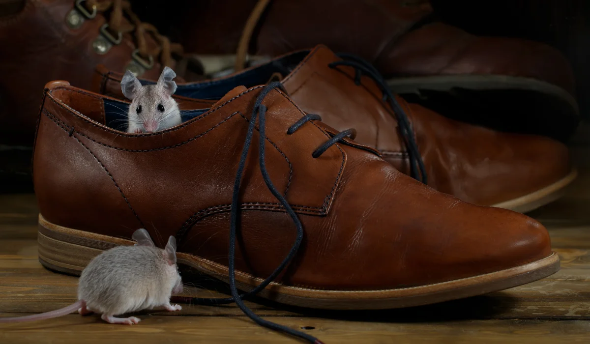 Mice And Leather Brown Shoes On The Wooden Floors.
