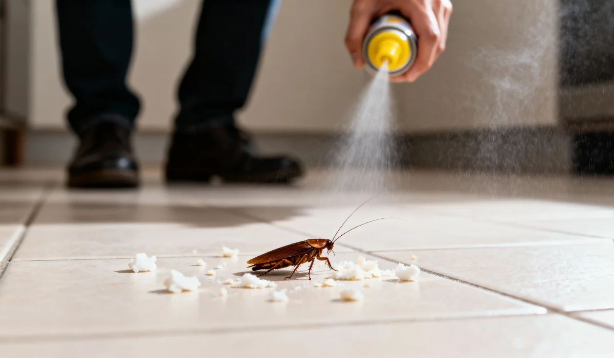 Person Is Spraying Insecticide On A Cockroach On A Tiled Floor
