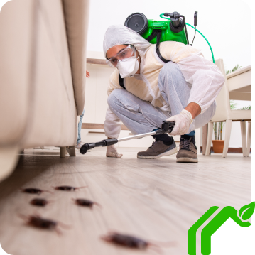 A pest control technician spraying a solution under the couch