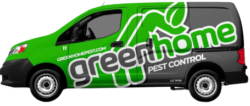A green and grey work van with the GreenHome logo on the side