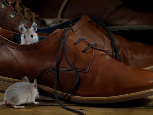 mice and leather brown shoes on the wooden floors.