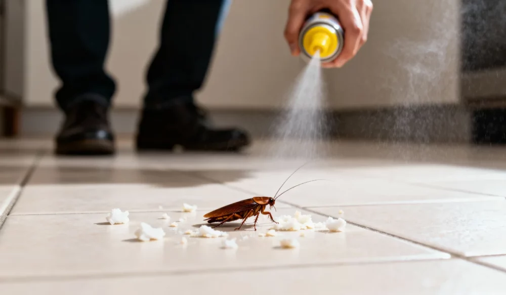 person is spraying insecticide on a cockroach on a tiled floor