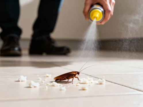 person is spraying insecticide on a cockroach on a tiled floor
